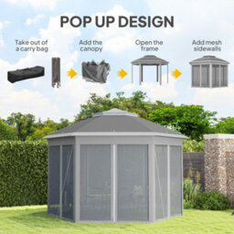 Outsunny 3X4M Hexagon Gazebo W/ Mesh Curtains Outdoor Garden, Dark Grey - thumbnail 4