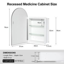 Keepreaper Sleek Arched Bathroom Mirror Cabinet Wall Mounted 51X76 With Storage - thumbnail 9