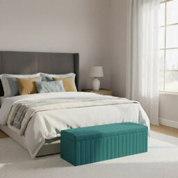 150Cm Wide Lux Ottoman Storage Box, Teal Velvet Upholstered Full Striped Storage Ottoman Box - thumbnail 2