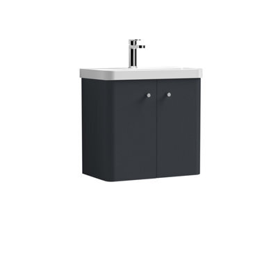 Balterley Curve Modern Bathroom Wall Hung 2 Door Vanity Unit Basin, Dark Grey, 605mm - image 1