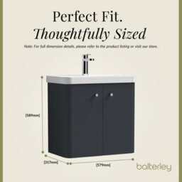 Balterley Curve Modern Bathroom Wall Hung 2 Door Vanity Unit Basin, Dark Grey, 605mm - thumbnail 5