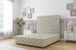 "Comfort Sofia Chrome Cream Plush Divan Bed Set 4 Drawers - 26"" Strutted & 12"" Footboard 4' Small Double" - thumbnail 3