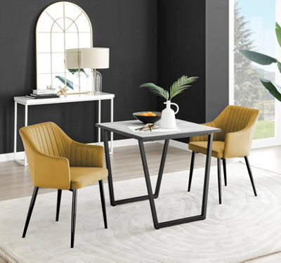 Furniturebox Uk Carson White Marble Effect Square Dining Table & 2 Mustard Calla Black Leg Chairs - image 1