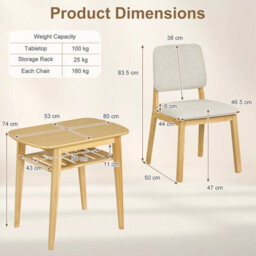 Costway 3-Piece Dining Table Set For 2 Solid Wood Kitchen Table Beige & Natural - thumbnail 2