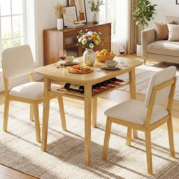 Costway 3-Piece Dining Table Set For 2 Solid Wood Kitchen Table Beige & Natural - thumbnail 4