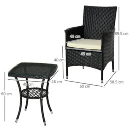 Outsunny Rattan Bistro Set Garden Chair Table Patio Outdoor, Black - thumbnail 3