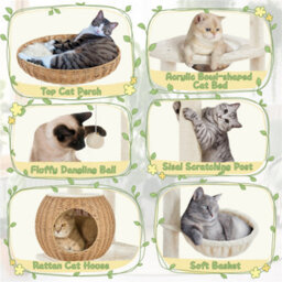 Yaheetech Beige 137.5Cm Rattan Cat Tree Plush Cat Tower Medium - thumbnail 4