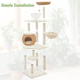 Yaheetech Beige 137.5Cm Rattan Cat Tree Plush Cat Tower Medium - thumbnail 5