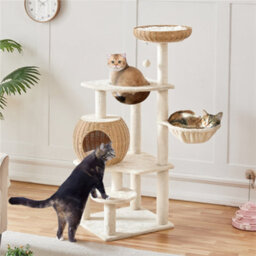 Yaheetech Beige 137.5Cm Rattan Cat Tree Plush Cat Tower Medium