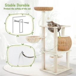 Yaheetech Beige 137.5Cm Rattan Cat Tree Plush Cat Tower Medium - thumbnail 6