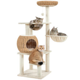 Yaheetech Beige 137.5Cm Rattan Cat Tree Plush Cat Tower Medium - thumbnail 2