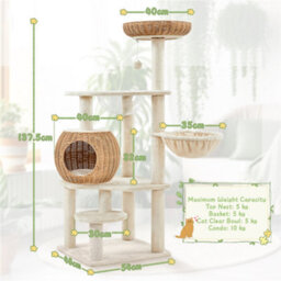 Yaheetech Beige 137.5Cm Rattan Cat Tree Plush Cat Tower Medium - thumbnail 3