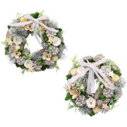 Urbn-Living Urbnliving 25Cm Cream Silver & Green  Christmas Wreath Festive Decoration With Jute Hanger Traditional Pinecone Décor - thumbnail 2