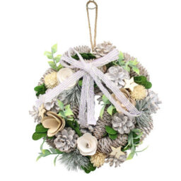Urbn-Living Urbnliving 25Cm Cream Silver & Green  Christmas Wreath Festive Decoration With Jute Hanger Traditional Pinecone Décor