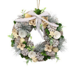 Urbn-Living Urbnliving 25Cm Cream Silver & Green  Christmas Wreath Festive Decoration With Jute Hanger Traditional Pinecone Décor - thumbnail 4