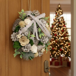 Urbn-Living Urbnliving 25Cm Cream Silver & Green  Christmas Wreath Festive Decoration With Jute Hanger Traditional Pinecone Décor - thumbnail 3
