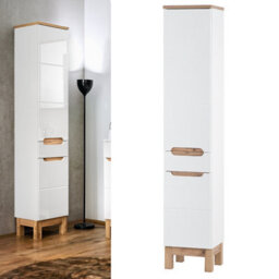 Impact Furniture Tall Slim Bathroom Cabinet With Drawer Narrow Freestanding Storage Unit White Gloss And Oak Bali - thumbnail 2