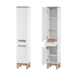 Impact Furniture Tall Slim Bathroom Cabinet With Drawer Narrow Freestanding Storage Unit White Gloss And Oak Bali