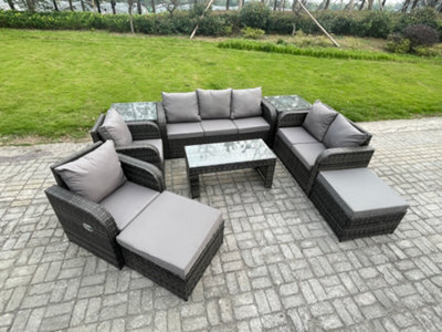 Fimous Outdoor Rattan Garden Furniture Set Rattan Lounge Sofa Set With Coffee Table 2 Side Tables 2 Big Footstool - image 1