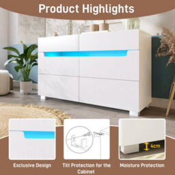 Matteo White Led Sideboard Dresser With 6 Soft-Close Drawers & Integrated Handles - Modern Chest For Bedroom, 71X120X40Cm - thumbnail 5