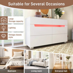 Matteo White Led Sideboard Dresser With 6 Soft-Close Drawers & Integrated Handles - Modern Chest For Bedroom, 71X120X40Cm - thumbnail 7