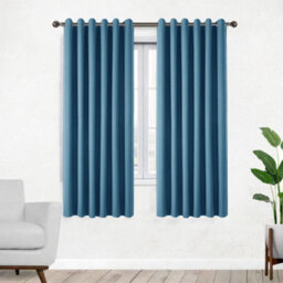 Bedlooms Blue Linen Curtain 100% Blackout Thermal Insulated Eyelet Curtain (Pair) 46 X 54 Inches With Tie Back Two