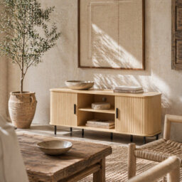 Wyld Haus Elnali 120Cm Oak-Tone Tv Unit With Shelves And Tambour Doors, Fits Up To 55-Inch Tvs - thumbnail 1
