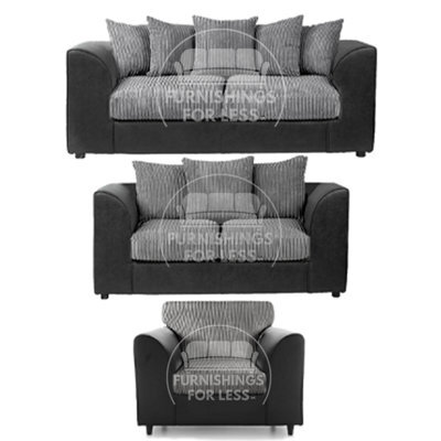 Furnishings For Less UK Luxor Jumbo Cord 3 + 2 + 1 Fabric 3 Piece Sofa Suite - Scatter Back Black And Grey - image 1
