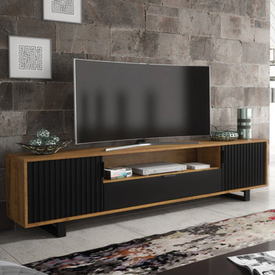 Creative Furniture Blackridge Tv Unit 200Cm - Dark Oak With Black Fluted Doors & Drawer - image 1