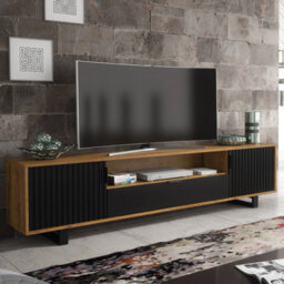 Creative Furniture Blackridge Tv Unit 200Cm - Dark Oak With Black Fluted Doors & Drawer - thumbnail 1