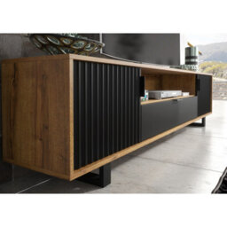 Creative Furniture Blackridge Tv Unit 200Cm - Dark Oak With Black Fluted Doors & Drawer - thumbnail 3