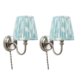 Valuelights Neely Pair Of - Plug In Brushed Chrome Easy Fit Wall Lights With Blue Pleated Fabric Tapered Lampshade