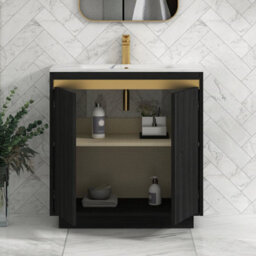Royal Bathrooms Orion 800mm Floor Standing Bathroom Vanity Unit 2 Door Hale Black With Carrara White Basin & Chrome Accent Trim - thumbnail 5