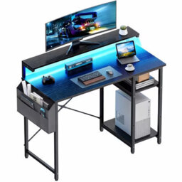 Large Computer Desk With Led Lights And Height Adjustable Monitor Stand With Storage Bag Corner Desk For Home Office And Study