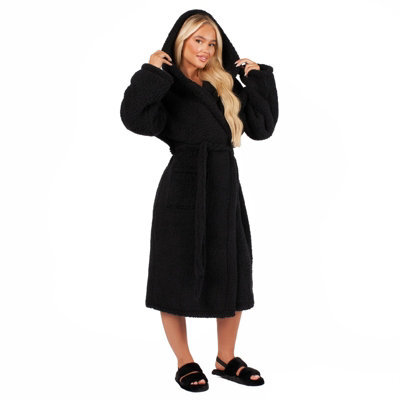 OHS Teddy Fleece Long Dressing Gown Ladies Warm House Coat Hooded, Black - image 1