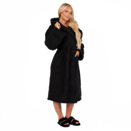 OHS Teddy Fleece Long Dressing Gown Ladies Warm House Coat Hooded, Black - thumbnail 2