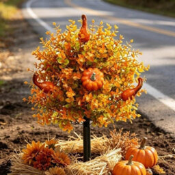 CLEFFNS Fall Pumpkin Artificial Flowers For Outdoors With Ground Stakes, Faux Autumn Plant With Orange Gourds, Garden Stake For Halloween - thumbnail 1