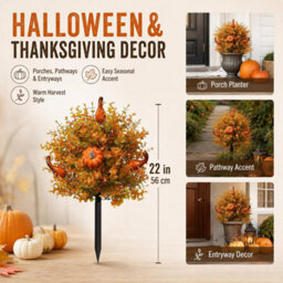 CLEFFNS Fall Pumpkin Artificial Flowers For Outdoors With Ground Stakes, Faux Autumn Plant With Orange Gourds, Garden Stake For Halloween - thumbnail 3