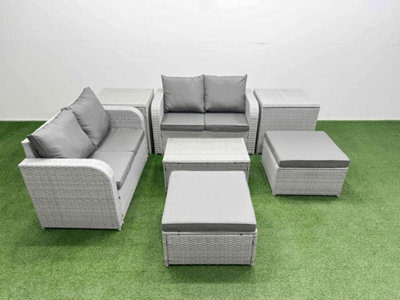 Fimous 6 Seater Outdoor Love Sofa Set Rattan Garden Furniture Set Rectangular Coffee Table 2 Footstool 2 Side Tables Light Grey - image 1