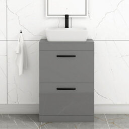 Royal Bathrooms 600mm Floor Standing Vanity Unit 2 Drawer Indigo Grey Gloss & Countertop Basin - Cube With Matt Black Handle - thumbnail 1