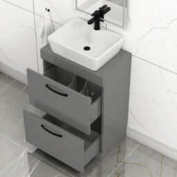 Royal Bathrooms 600mm Floor Standing Vanity Unit 2 Drawer Indigo Grey Gloss & Countertop Basin - Cube With Matt Black Handle - thumbnail 3