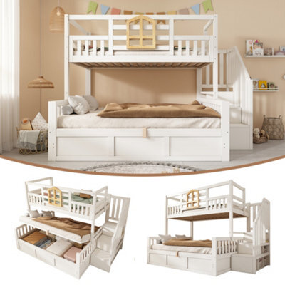 Btm Kids Bunk Bed With Stairs, Hydraulic Storage, Storage Cubes, 90+135Cm, Solid Wood, White - image 1
