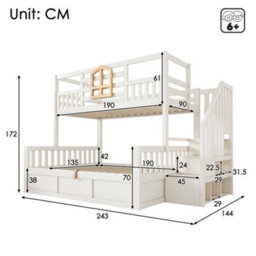 Btm Kids Bunk Bed With Stairs, Hydraulic Storage, Storage Cubes, 90+135Cm, Solid Wood, White - thumbnail 2