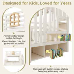 Btm Kids Bunk Bed With Stairs, Hydraulic Storage, Storage Cubes, 90+135Cm, Solid Wood, White - thumbnail 5