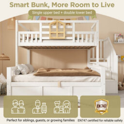 Btm Kids Bunk Bed With Stairs, Hydraulic Storage, Storage Cubes, 90+135Cm, Solid Wood, White - thumbnail 3