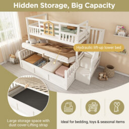 Btm Kids Bunk Bed With Stairs, Hydraulic Storage, Storage Cubes, 90+135Cm, Solid Wood, White - thumbnail 4