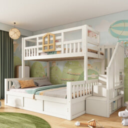 Btm Kids Bunk Bed With Stairs, Hydraulic Storage, Storage Cubes, 90+135Cm, Solid Wood, White - thumbnail 9