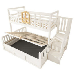 Btm Kids Bunk Bed With Stairs, Hydraulic Storage, Storage Cubes, 90+135Cm, Solid Wood, White - thumbnail 7