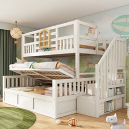 Btm Kids Bunk Bed With Stairs, Hydraulic Storage, Storage Cubes, 90+135Cm, Solid Wood, White - thumbnail 8