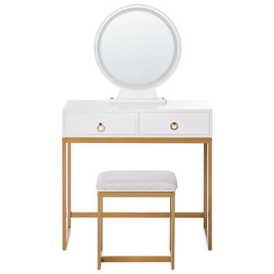 Beliani Dressing Table White Gold Mdf With Led Mirror, 4 Drawers, Matching Stool - image 1
